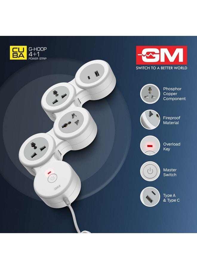 GM G-Hoop 4+1 Multi Plug Extension Board with 2 Metre Cord | Type-C & A USB Port | Smart Spike Guard with Switch, LED Indicator & Safety Shutters | Best for Desk, TV, Office & Charging Station - Image 4