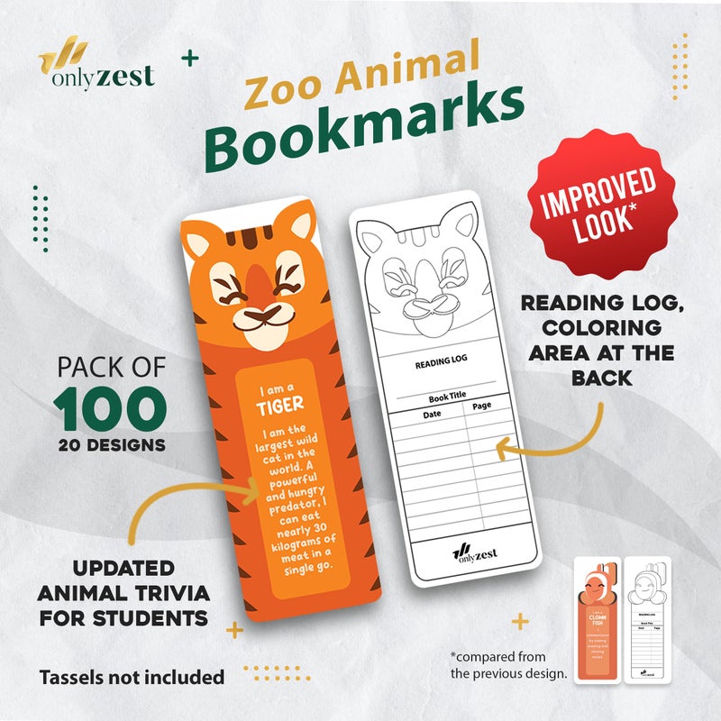 Only Zest 100 Bulk Bookmarks for Kids 2x6 inches â€“ Multiple Designs â€“ 20 Different Animal Fun Facts â€“ Book Marks for Reading, Kids Classroom Rewards, Student Incentives, Supplies for Teachers - Image 2