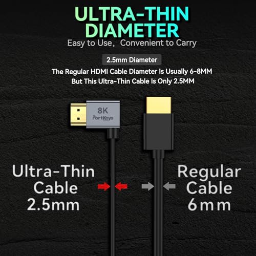 Portkeys 8K Ultra Thin HDMI Cable 2.5mm Diameter, A Slim Soft Cable 48Gbps Ultra High Speed HDMI 2.1 Cord 8K@60Hz, 4K@120Hz for Monitor, PS5, Xbox, PC, HDTV (A to A, 30cm) - Image 2