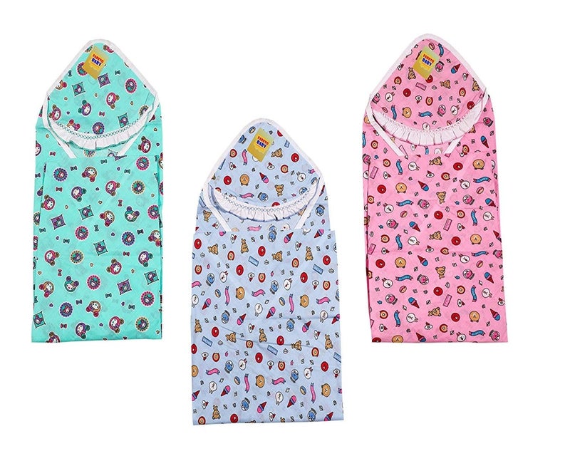 Fareto Baby After Bath Combo of 3 Hosiery Cloth Single Layer Blanket with Cap(0-6 Months)