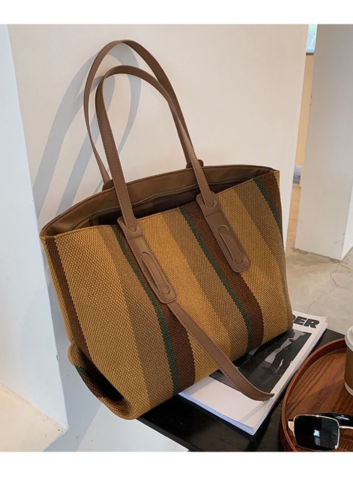 Rup Art Women Big Bag Contrast Color Portable Shoulder Bag Vertical Stripe Tote Bag - Image 2