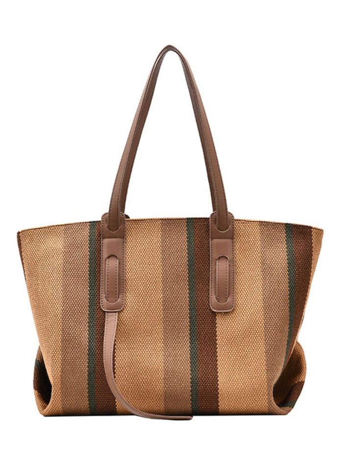 Rup Art Women Big Bag Contrast Color Portable Shoulder Bag Vertical Stripe Tote Bag - Image 1