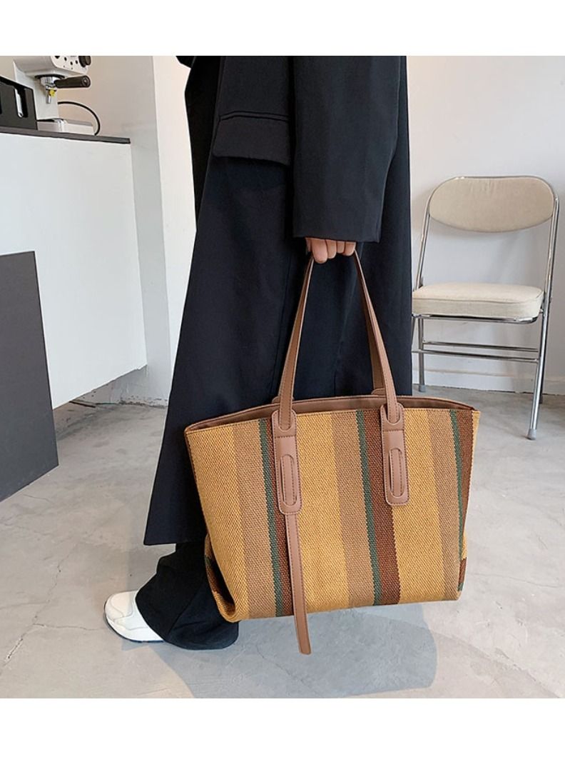 Rup Art Women Big Bag Contrast Color Portable Shoulder Bag Vertical Stripe Tote Bag - Image 4