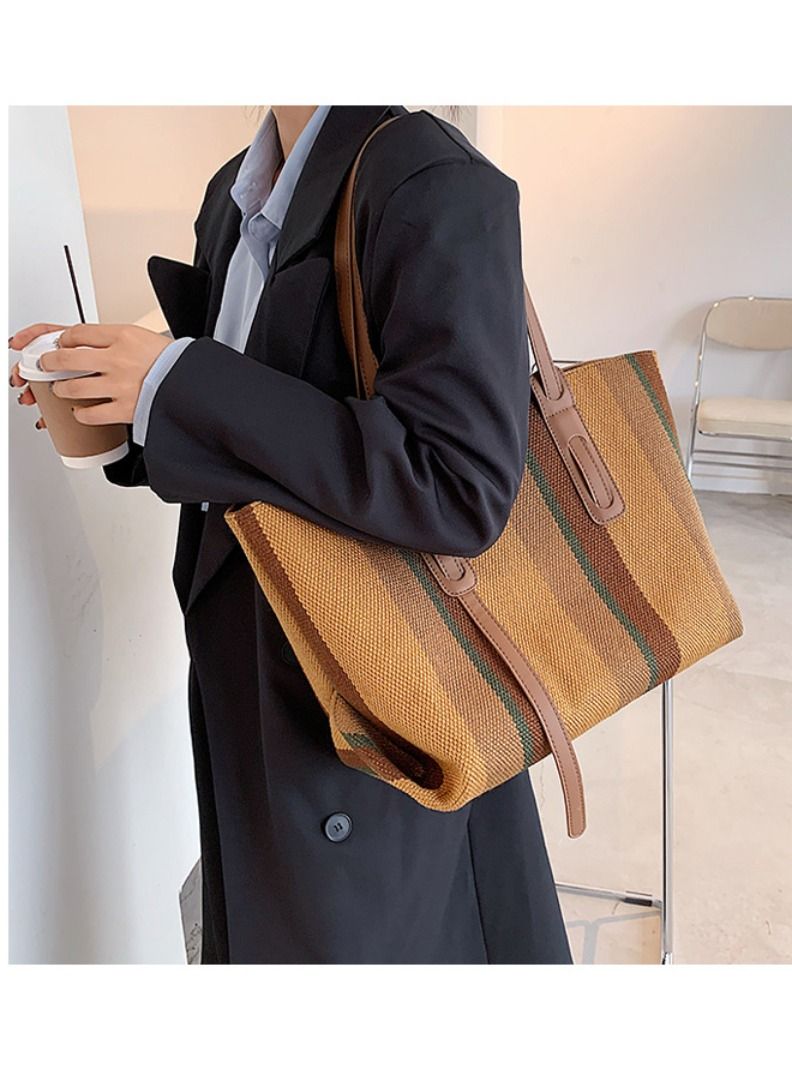 Rup Art Women Big Bag Contrast Color Portable Shoulder Bag Vertical Stripe Tote Bag - Image 5