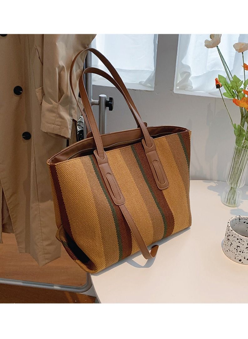 Rup Art Women Big Bag Contrast Color Portable Shoulder Bag Vertical Stripe Tote Bag - Image 3