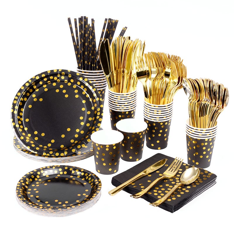 YAOSHENG 200 Pieces Rose Gold Party Supplies - Rose Gold Paper Plates & Napkins Cups Silverware Serves 25 Sets for Wedding Bridal Shower Engagement Birthday Parties (Black  12 * 24 * 24cm) - Image 1