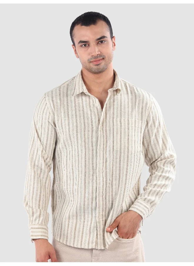 بيونغ Beige Busy Stripe Cotton Shirt