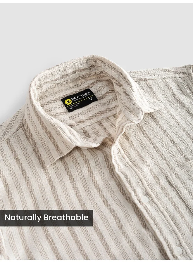 Beyoung Beige Busy Stripe Cotton Shirt