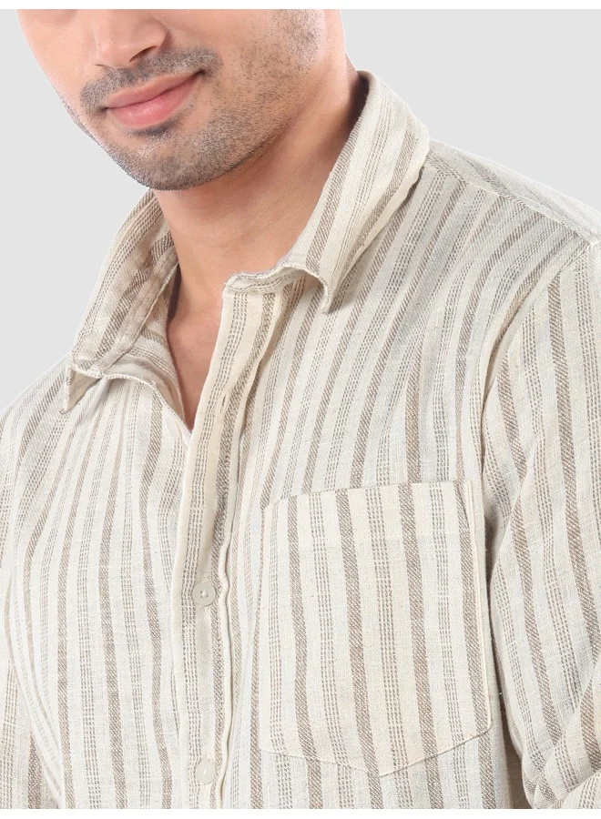Beyoung Beige Busy Stripe Cotton Shirt