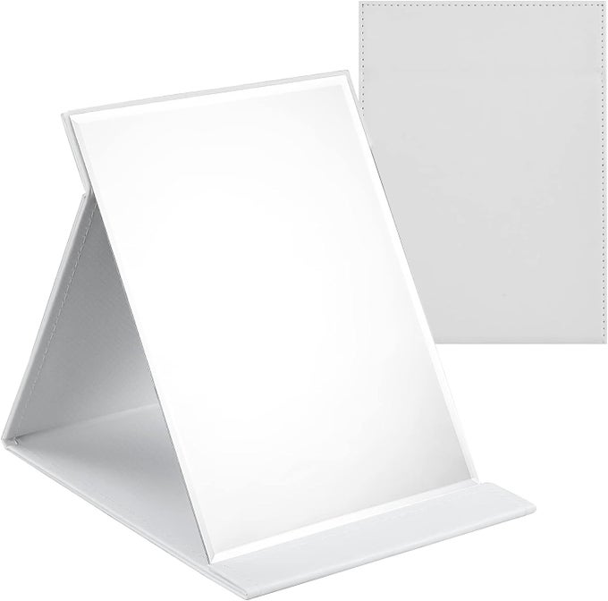 PORTABLE FOLDING MAKEUP MIRRORFRAMELESS PU LEATHER VANITY MIRROR WITH STANDTABLETOP ADJUSTABLE CREATIVE STURDY FASHION MIRRORRECTANGLE COSMETIC MAKEUP MIRROR WHITE