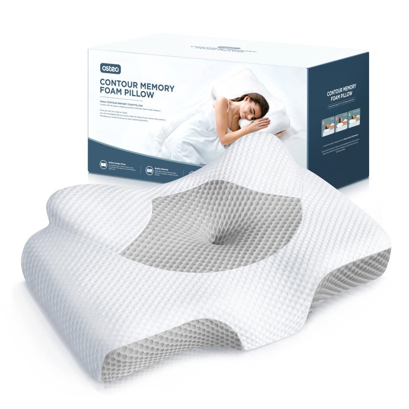 Osteo Cervical Pillow for Neck Pain Relief Hollow Design Odorless Memory Foam Pillows with Cooling Case Adjustable Orthopedic Bed Pillow for Sleeping Support for Side Back Sleepers