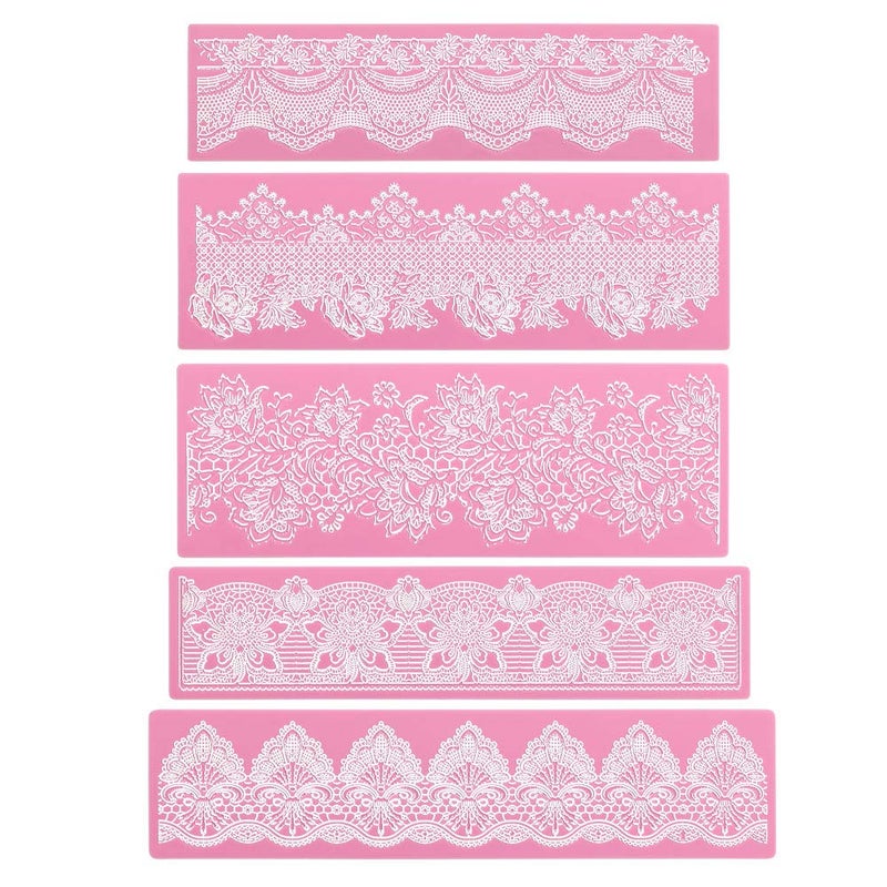 Beasea Lace Molds for Cake Decorating 5pcs Silicone Fondant Lace Mats Pink Flower Pattern Silicone Molds for sugar lace Craft Tools