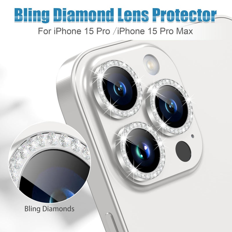 AGVEE 3+3 6 Pack for iPhone 15 Pro 6.1" / 15 Pro Max 6.7" Camera Lens Protector, Bling Diamond & Bling Glitter Metal Ring 9H Tempered HD Glass Camera Cover Film, Bling-Silver - Image 4