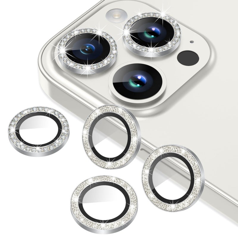 AGVEE 3+3 6 Pack for iPhone 15 Pro 6.1" / 15 Pro Max 6.7" Camera Lens Protector, Bling Diamond & Bling Glitter Metal Ring 9H Tempered HD Glass Camera Cover Film, Bling-Silver - Image 1