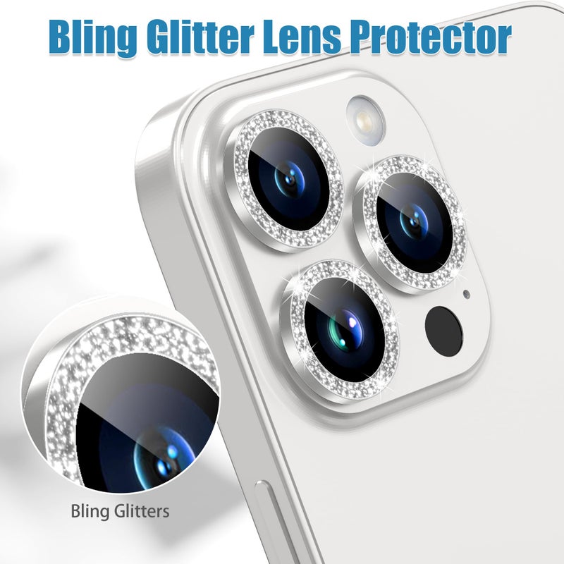AGVEE 3+3 6 Pack for iPhone 15 Pro 6.1" / 15 Pro Max 6.7" Camera Lens Protector, Bling Diamond & Bling Glitter Metal Ring 9H Tempered HD Glass Camera Cover Film, Bling-Silver - Image 5