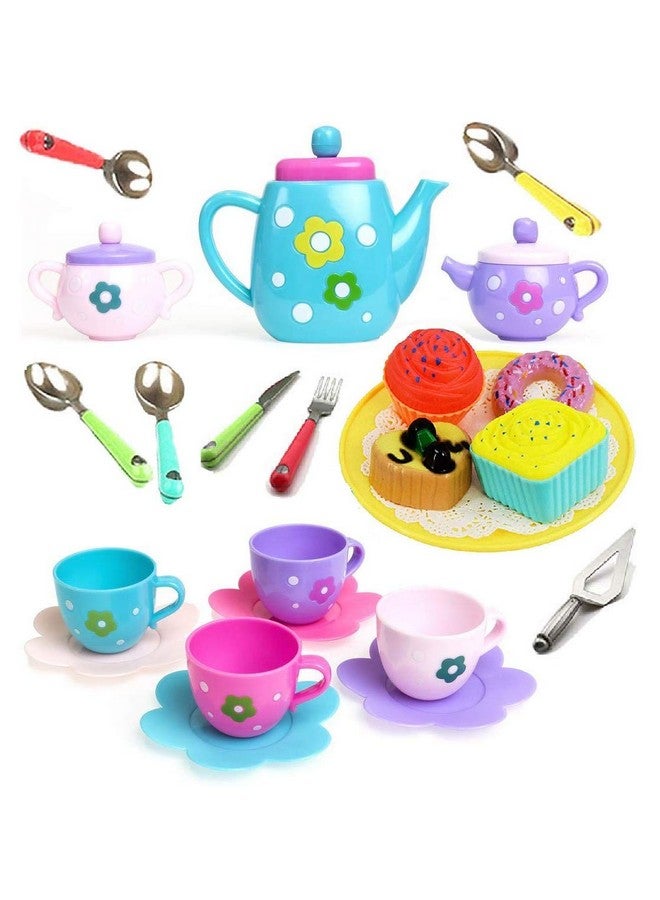 SUPER TOY Plastic Tea Party Pretend Play Kitchen Set with Food Toy for Kids Including Dessert Carrying Case Tea Set for Girls Birthday Toddler Gifts Age 3-12, Multicolor - Image 1