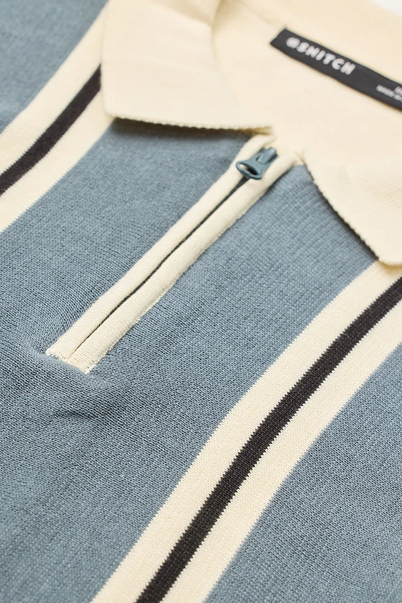 SNITCH Light Beige Stripes Slim Fit Polo T-Shirt