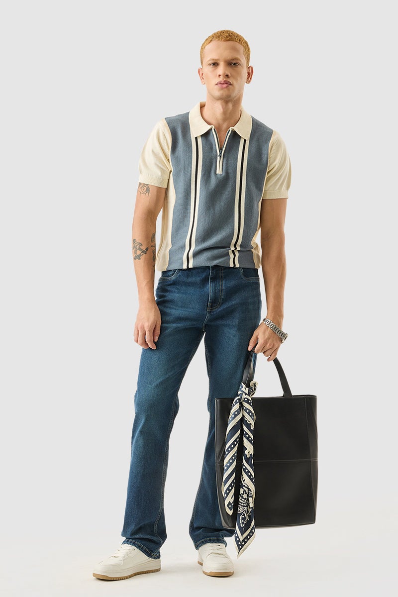 SNITCH Light Beige Stripes Slim Fit Polo T-Shirt - Image 3