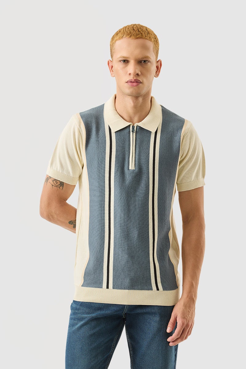SNITCH Light Beige Stripes Slim Fit Polo T-Shirt - Image 5