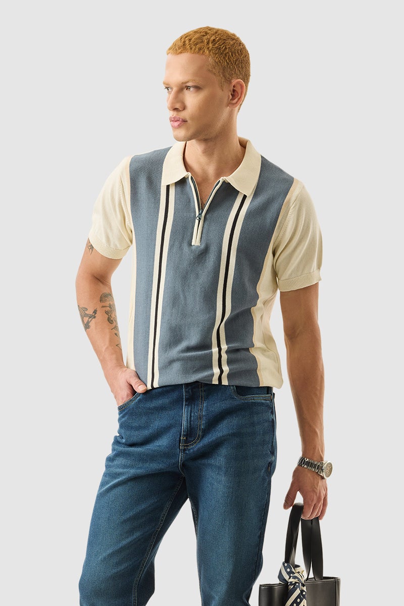 SNITCH Light Beige Stripes Slim Fit Polo T-Shirt - Image 4