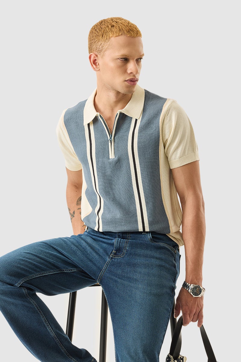 SNITCH Light Beige Stripes Slim Fit Polo T-Shirt - Image 1