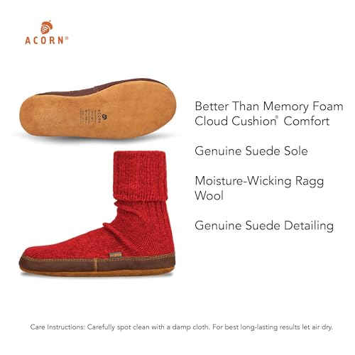 Acorn Unisex Slipper Socks, Flexible Cloud Cushion Footbed with a Suede Sole, Mid-Calf Length, Crimson Ragg Wool, 9.5-10.5 US Women - Image 2