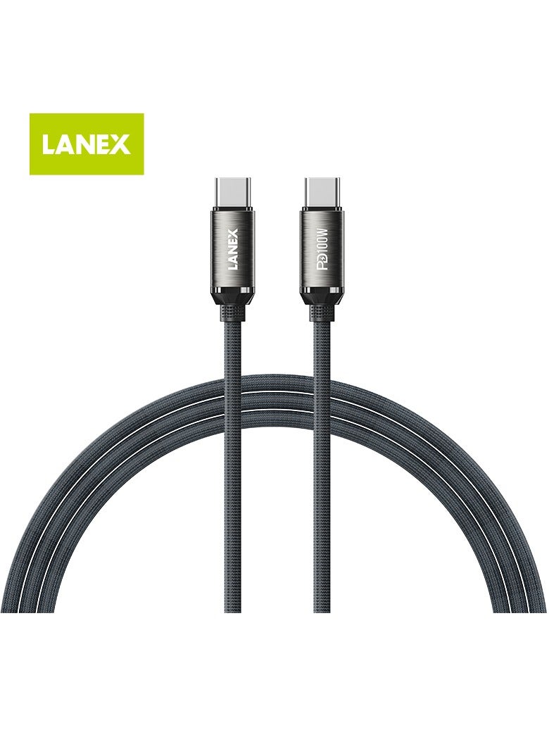 LANEX LS50CC 100W PD Fast Charging Braided USB C to USB C Cable 1m Compatible with iPad Mini 6, MacBook Pro 2023, MacBook Air, 12.9-inch iPad Pro, iPhone 15 Series, iPhone 16, and All Type-C Phones - Black - Image 1