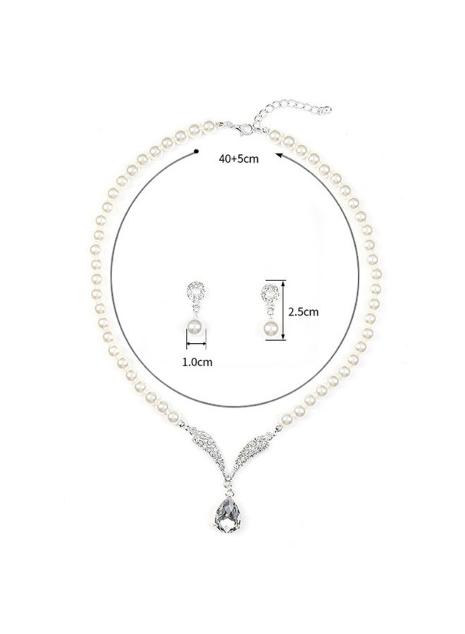 Pearl Jewelry Set Bride Pearl Droplet Pendant Earrings Necklace with Diamond Accessories Two piece set(silver)  - Image 2