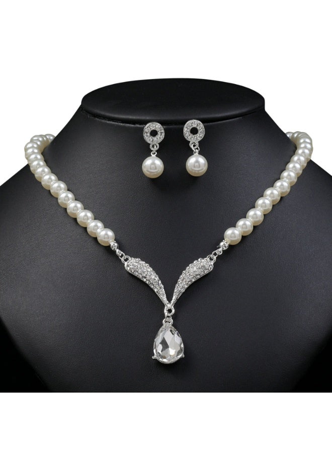 Pearl Jewelry Set Bride Pearl Droplet Pendant Earrings Necklace with Diamond Accessories Two piece set(silver)  - Image 1