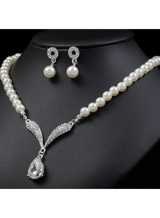 Pearl Jewelry Set Bride Pearl Droplet Pendant Earrings Necklace with Diamond Accessories Two piece set(silver)  - Image 3