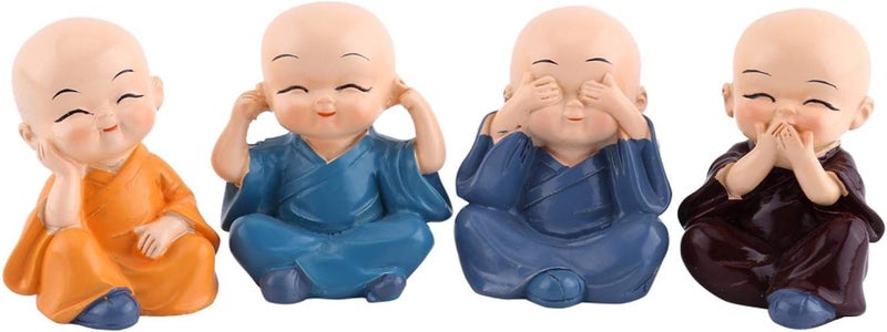 Bandhan Enterprises Miniature Buddha Monk Statues for Home Decor Set of 4 Little Wealth Lucky Laughing Showpiece No Evil See Speak Home Office Decor Wall Shelf Table Car Dashboard Decoration - Image 1