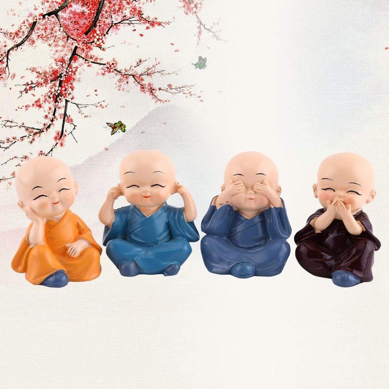 Bandhan Enterprises Miniature Buddha Monk Statues for Home Decor Set of 4 Little Wealth Lucky Laughing Showpiece No Evil See Speak Home Office Decor Wall Shelf Table Car Dashboard Decoration - Image 4
