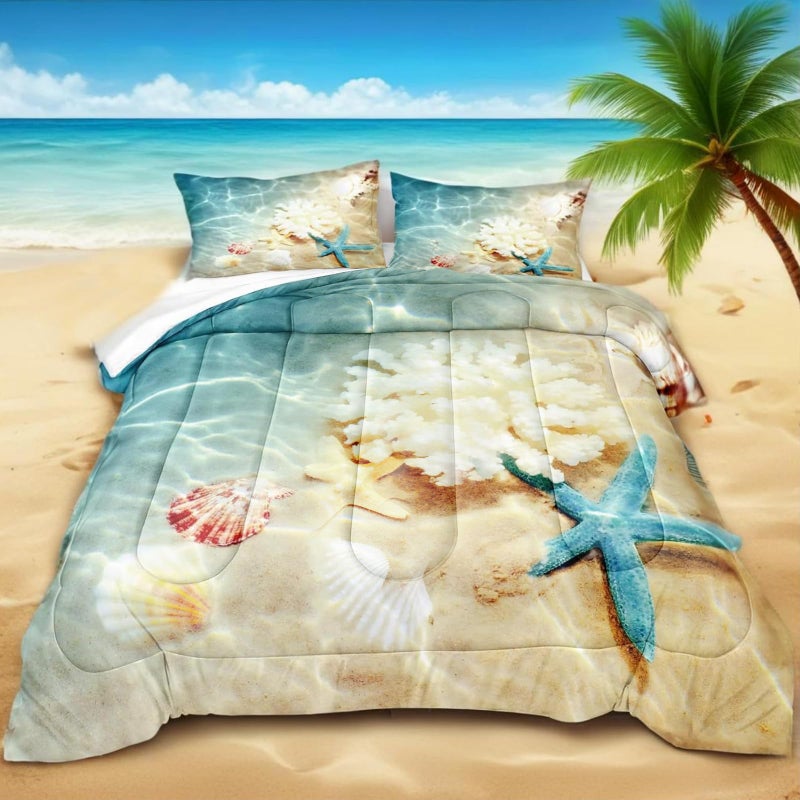 Bedbay Beach Comforter Sets King Size Beach Themed Bedding 3 Pieces Microfiber Soft Fluffy Shell Comforter Blue Ocean Decor Turquoise Teal Seashell Quilt Set for All Seasons Coastal King