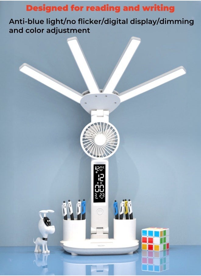 XiuWoo Large Capacity Battery Foldable Eye Protection Desk Lamp Led Smart Desk Lamp Bedroom Charging Reading, Desk, Study, Office Table Lamp with Fan, Pen Holder - Plug-in Model  - Image 3