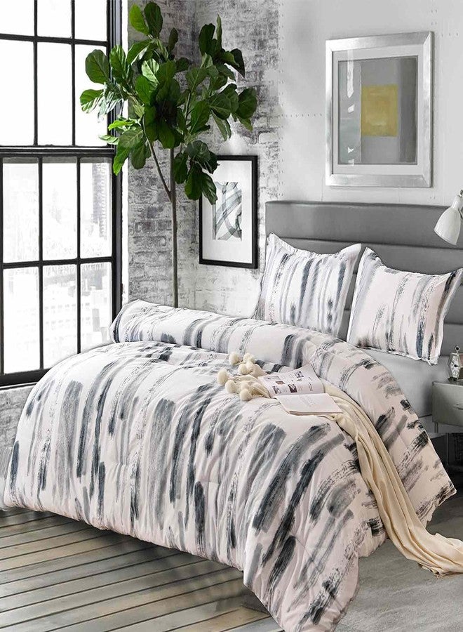 Nanko King Comforter Set 3pc, Art Grey White Printed Pattern Reversible Down Alternative Microfiber Bedding - All Season Duvet and 2 Pillowcases Bed Sets Modern for Women Men, Size 104 x 90 Gray - Image 1