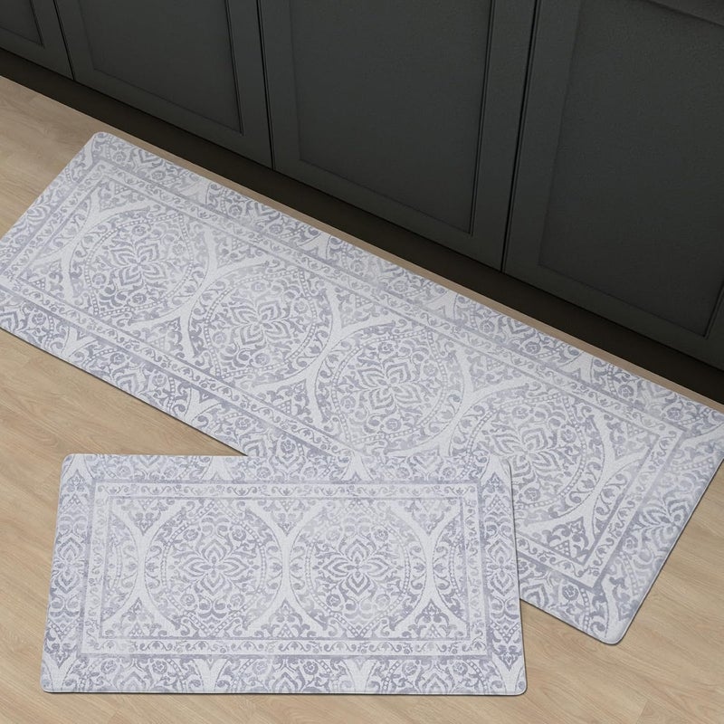 Fresh Mint 2 Piece Set Boho Kitchen Mats for Floor Bohemian Distressed Anti Fatigue Kitchen Rugs Vintage Farmhouse Cushioned Kitchen Runners for Standing Waterproof & Non-Skid Comfort, Gray - Image 1