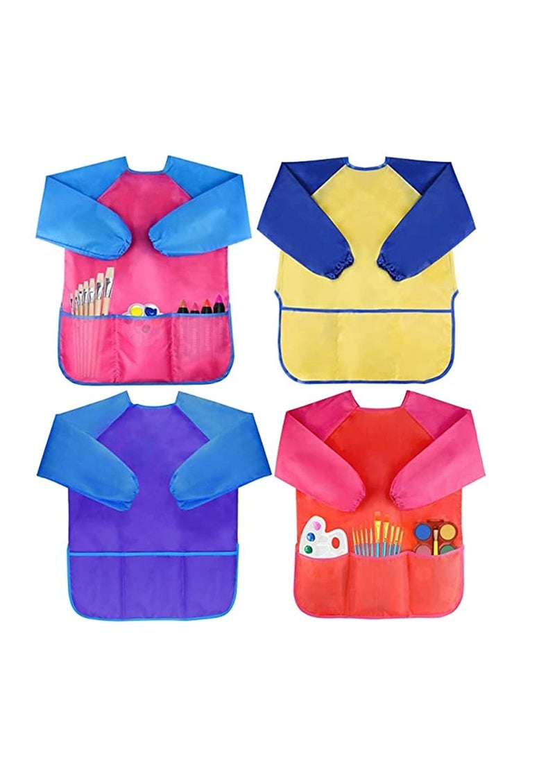 KASTWAVE Waterproof Art Smock,4 Pcs Kids Art Aprons Children's Art Smock Long Sleeve with 3 Roomy Pockets for Child 2 - 6 Years Gifts, Kids Drawing Supplies (Rose Red, Dark Blue, Yellow, Big Red) - Image 1