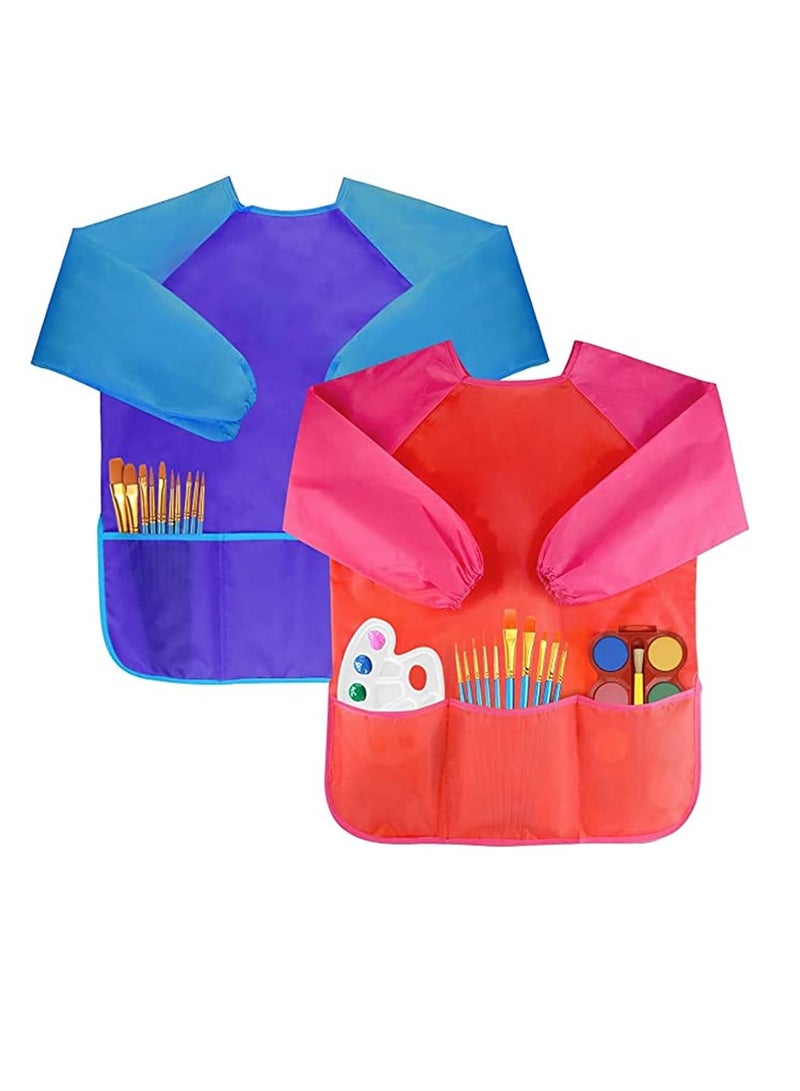 KASTWAVE Waterproof Art Smock,4 Pcs Kids Art Aprons Children's Art Smock Long Sleeve with 3 Roomy Pockets for Child 2 - 6 Years Gifts, Kids Drawing Supplies (Rose Red, Dark Blue, Yellow, Big Red) - Image 4