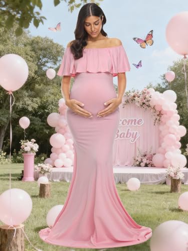 Glampunch Womens Off Shoulder Maternity Dress Ruffles Elegant Slim Gowns Fit Maxi Photography Dress A-Pink - Image 2