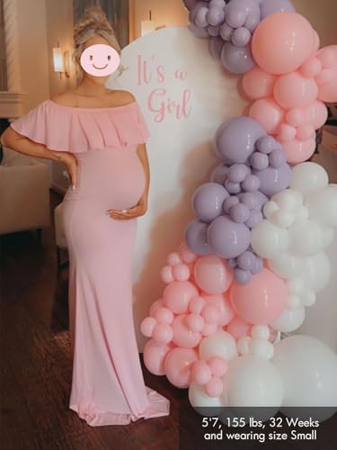 Glampunch Womens Off Shoulder Maternity Dress Ruffles Elegant Slim Gowns Fit Maxi Photography Dress A-Pink - Image 3