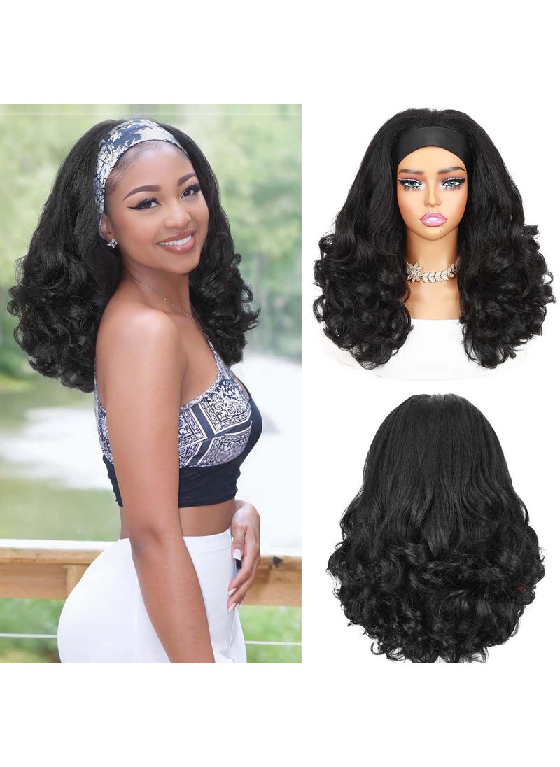 Quantum Love - Quantum Love Yaki Curly Headband Wigs for Black Women Kinky Straight Black Headband Curly Ends Synthetic Wear and Go Glueless half Wig with Headbands Attached 18 INCH - Image 1