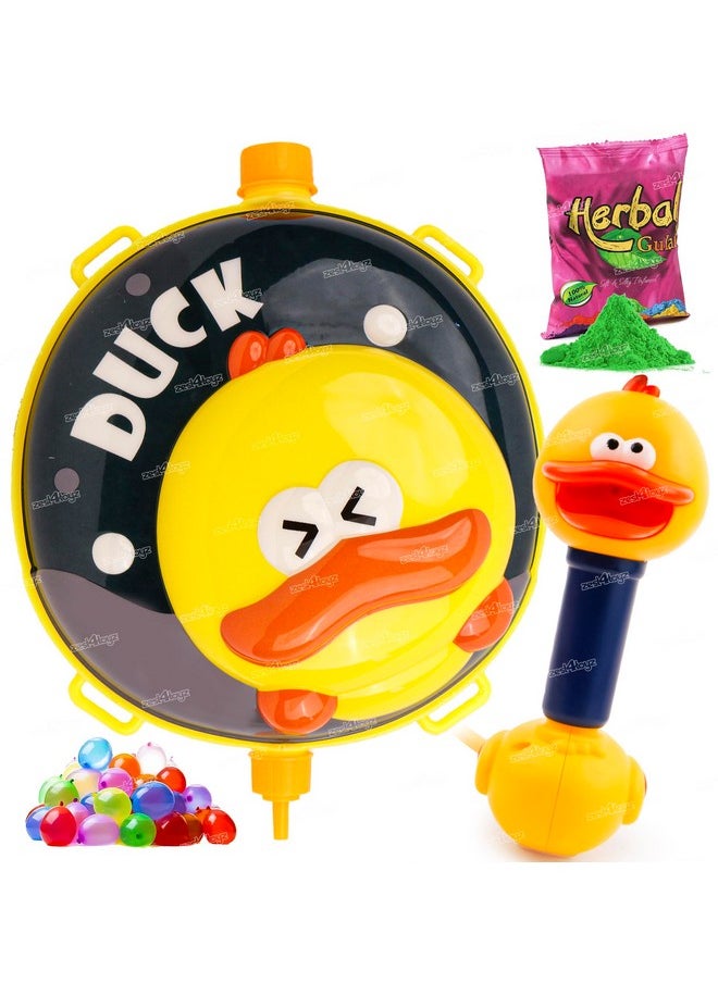 زيست فور تويز حقيبة ظهر Zest 4 Toyz Holi Water Pichkari للأطفال على شكل بطة هولي مع خزان مياه مع عبوة واحدة من الأعشاب و100 بالون مائي للاحتفال بعيد هولي - للأولاد والبنات  - Image 1