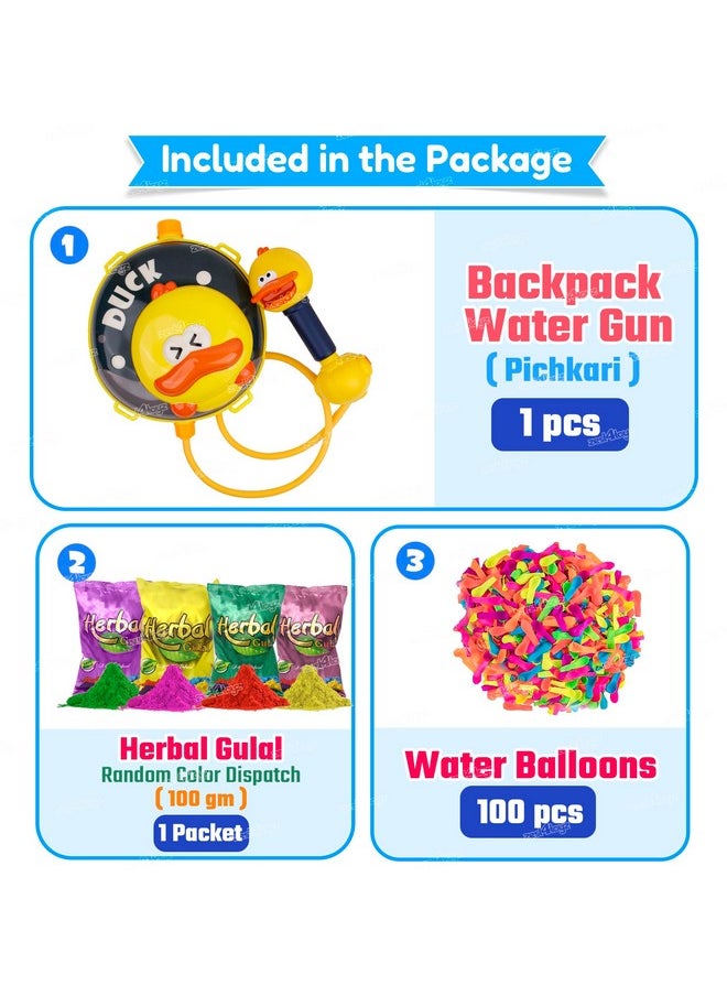 زيست فور تويز حقيبة ظهر Zest 4 Toyz Holi Water Pichkari للأطفال على شكل بطة هولي مع خزان مياه مع عبوة واحدة من الأعشاب و100 بالون مائي للاحتفال بعيد هولي - للأولاد والبنات  - Image 4