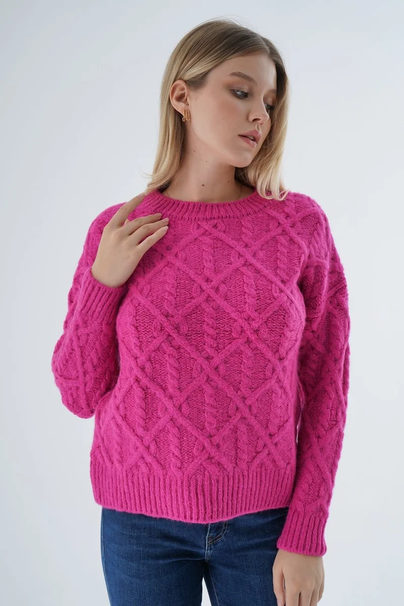 Trist Star Women Fuchsia Crew Neck Walk Hair Knitted Wool Blend Special Yarn Knitwear Knitted Sweater TRIST-6164