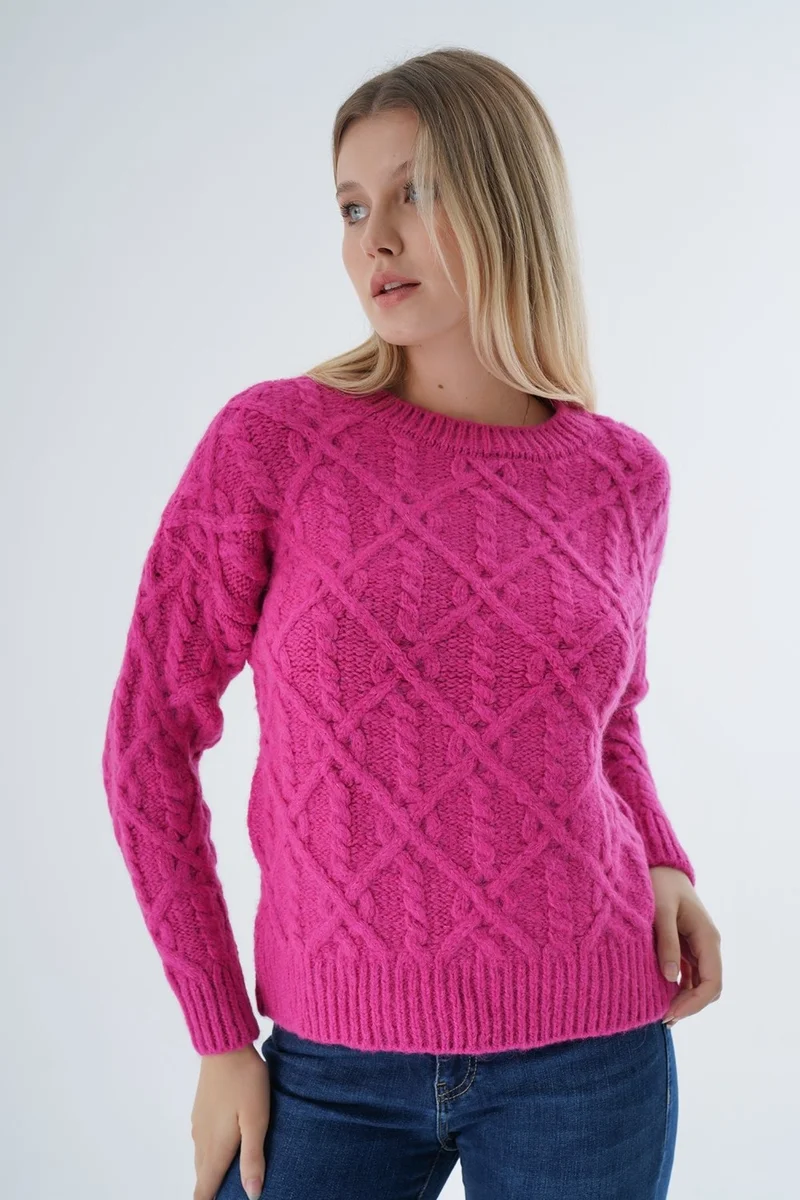 Trist Star Women Fuchsia Crew Neck Walk Hair Knitted Wool Blend Special Yarn Knitwear Knitted Sweater TRIST-6164