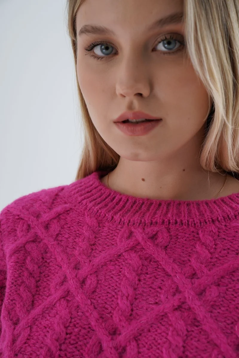 Trist Star Women Fuchsia Crew Neck Walk Hair Knitted Wool Blend Special Yarn Knitwear Knitted Sweater TRIST-6164