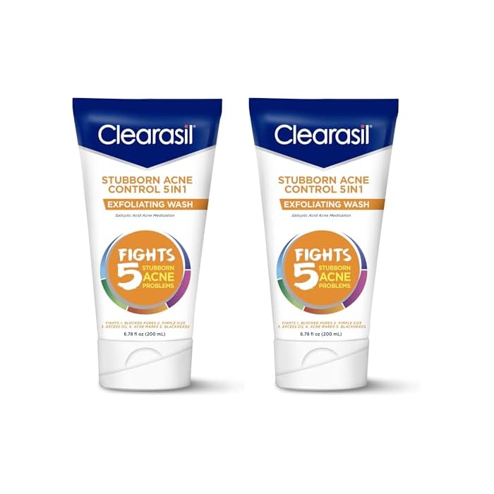 Clearasil Stubborn Acne Control 5in1 Exfoliating Wash,Maximum Strenght with 2% Salicylic Acid Acne Treatment Medicine,Daily-Acne Facial Cleanser 6.78 fl oz,(Pack of 2)