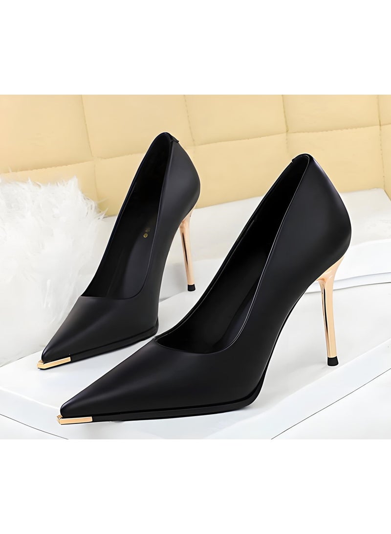 بيج تري المضخات النسائية مغلقة أشارت إصبع القدم الكعب العالي الحزب فستان الأحذية الأسود 9.5CM - Image 1