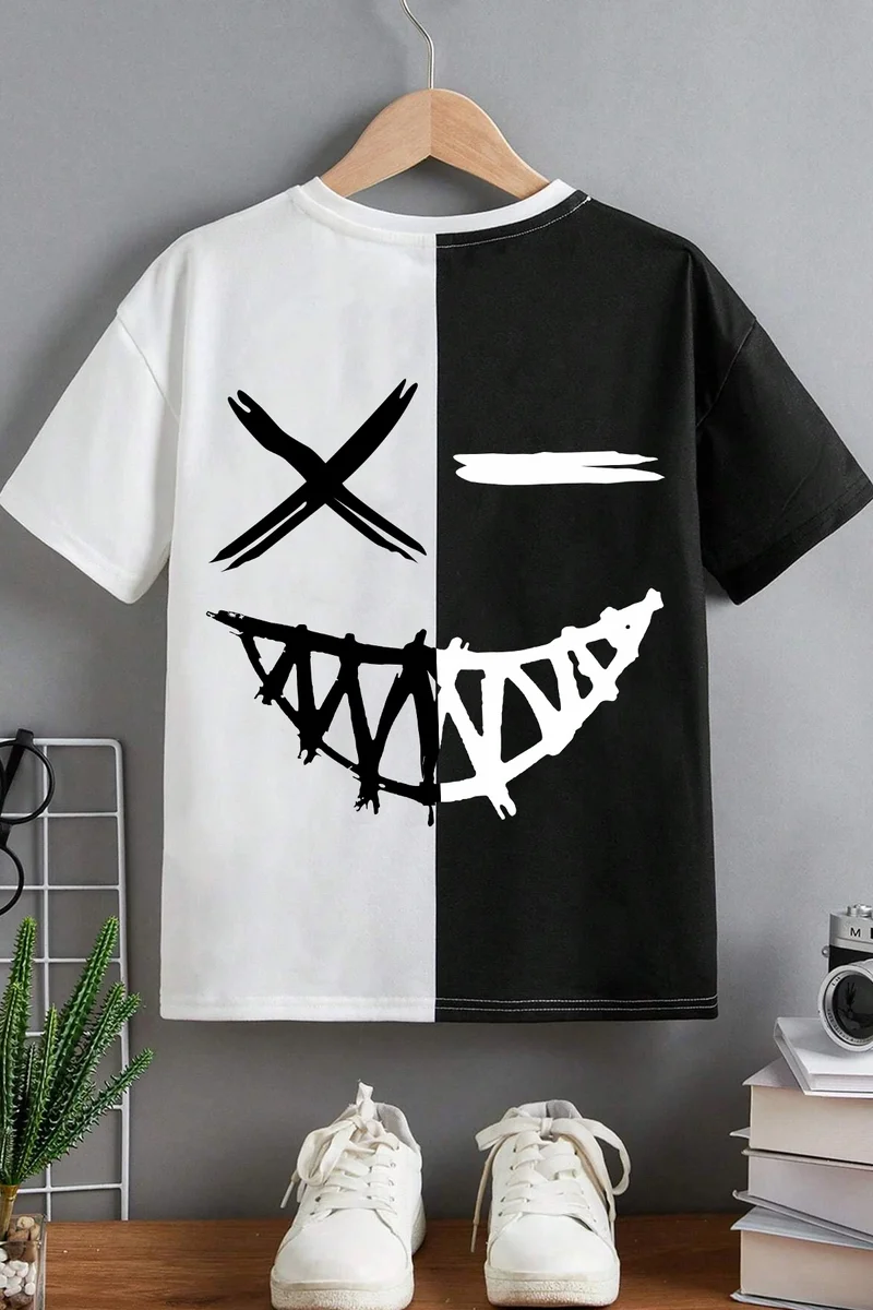 ONLYTRENDWEAR Kids Cartoon Face Cotton Tshirt 3-4 Years Old Black