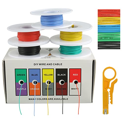 BOJACK 30 AWG Flexible Silicone Wire Electric Wire Hook up Wire Kit 300V Cables with Plus 20 2mm Heat Shrink Tubings and a Mini Wire Stripper5 Colors 3281Ft Each Color 30AWG - Image 1